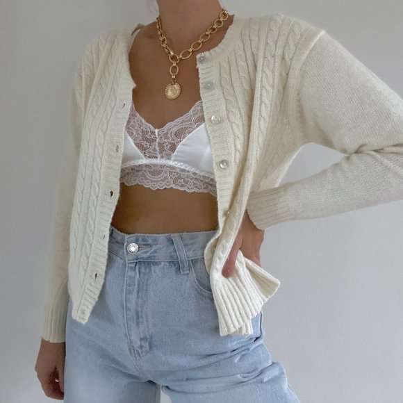 Vintage White Angora Cable Knit Cardigan Sweater - Picture 2 of 9